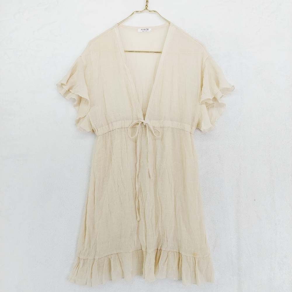IMAGE Cream Polyester Ruffle Short Sleeve Front Tie Long V Neck Midi Dress 3766
